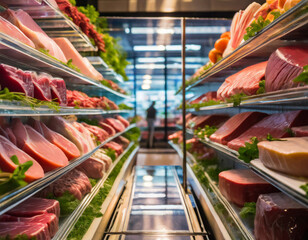 Meat market: long counters with fresh cuts