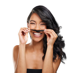 Face, smile and hair mustache with woman isolated on a transparent background for natural beauty. Salon, comic and funny with a happy young model laughing on PNG for haircare or shampoo treatment