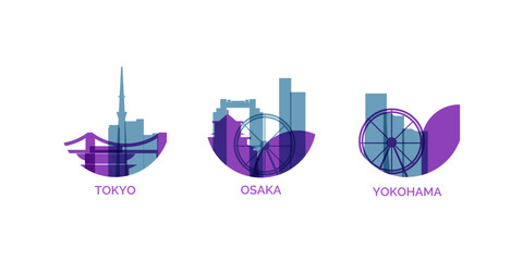 Naklejka premium Japan cities logo and icon set. Vector graphic collection for Japanese metropolis Tokyo, Osaka, Yokohama