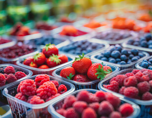 Fresh berries in plastic containers on display
