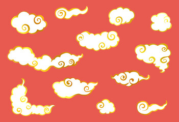 ゴールドの和風、中華風の雲のセット
