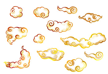 ゴールドの筆、水墨画タッチ_和風、中華風の雲のセット

