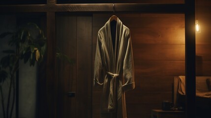 A luxurious robe hanging on a polished wooden hook in a dimly lit spa room,