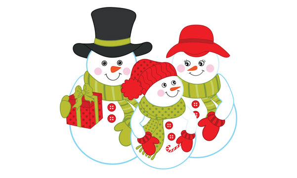 Vector snowman family crafted for christmas. Editable vector illustration. Gift wrapping and happy snowman family.