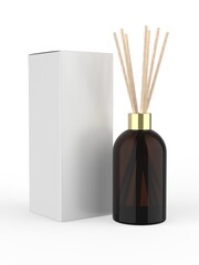 Reed Diffuser Aroma Stick Fragrance Scent Perfume round Bottle Blank  Packaging with paper box For Template. 3d illustration.