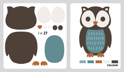 Owl pattern for kids crafts or paper crafts. Vector illustration of bird puzzle. cut and glue patterns for children's crafts.