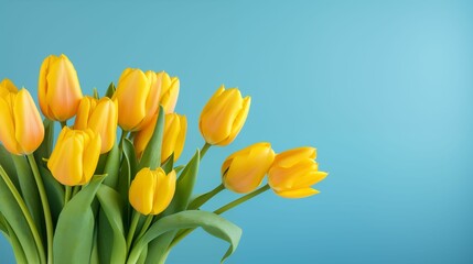 Yellow tulip flowers on blue background, AI-generated.