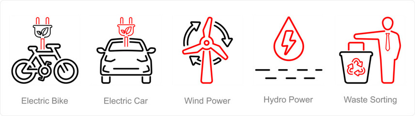A set of 5 Ecology icons as electric bike, electric car, wind power  