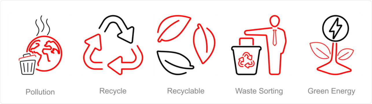 A set of 5 Ecology icons as pollution, recycle, recycable