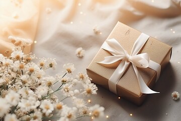 Gift box with white flowers on white background. Flat lay, top view
