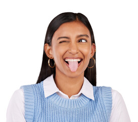 Funny face, wink and tongue out with happy indian woman isolated on a transparent background for comedy. Smile, comic and emoji with an excited young person on PNG for humor or facial expression © Khushboo/peopleimages.com