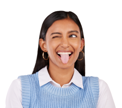Funny face, wink and tongue out with happy indian woman isolated on a transparent background for comedy. Smile, comic and emoji with an excited young person on PNG for humor or facial expression