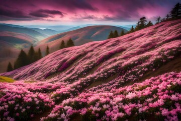 A hillside covered in blankets of pink, purple, and white azaleas, creating a picturesque scene against a backdrop of distant rolling hills.