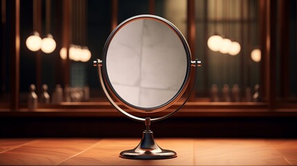 A makeup mirror's reflection with striking clarity in 8K resolution, showcasing its high-quality craftsmanship.