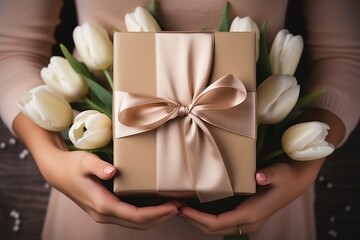 Fototapeta na wymiar Female hands holding a bouquet of white tulips and gift box