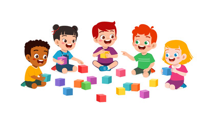 little kid play block brick with friend