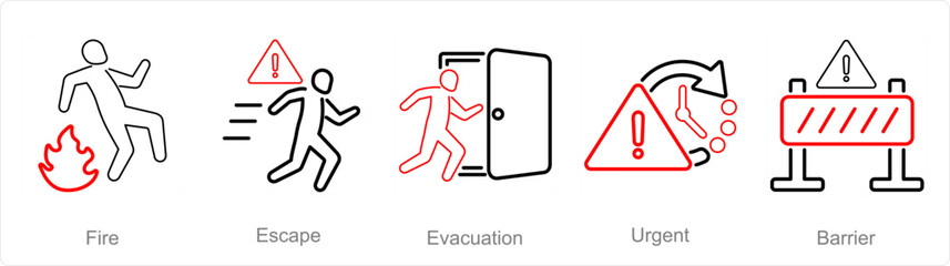 A set of 5 Emergency icons as fire, escape, evacuation