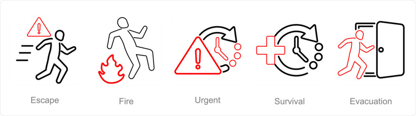 A set of 5 Emergency icons as escape, fire, urgent