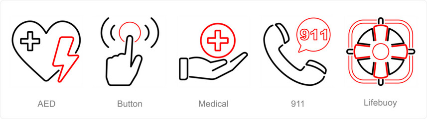 Obraz premium A set of 5 Emergency icons as aed, button, medical