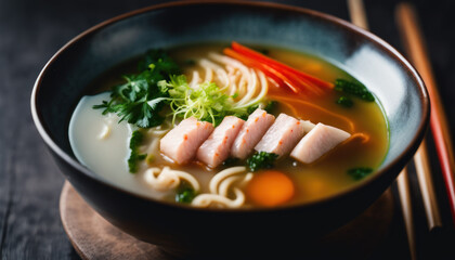 Soupe asiatique composée de légumes, de nouilles, et de poisson - obrazy, fototapety, plakaty