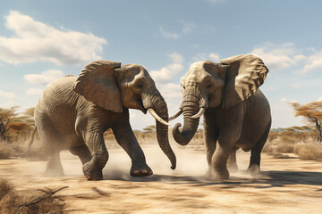 Male elephants fight each other - obrazy, fototapety, plakaty