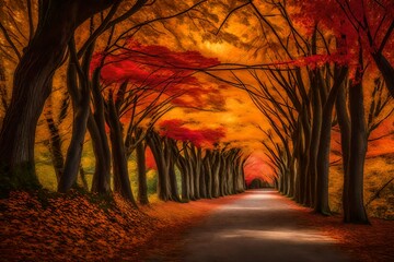 A tunnel of gracefully arched trees lining the path, their foliage forming a kaleidoscope of reds, yellows, and oranges.