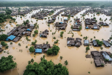 Vue aérienne panoramique d'un village asiatique submergé par les eaux lors d'une inondation - obrazy, fototapety, plakaty