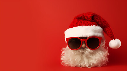 Choose winter season sales. Close up photo of cool stylish trendy santa indicate discount shopping bargain wear eyeglasses eyewear cap hat isolated over red background
