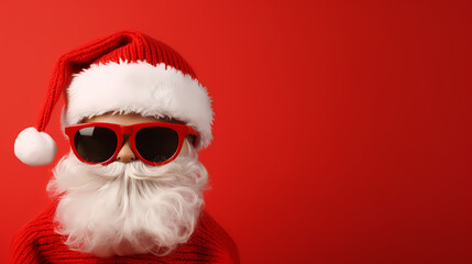 Choose winter season sales. Close up photo of cool stylish trendy santa indicate discount shopping bargain wear eyeglasses eyewear cap hat isolated over red background
