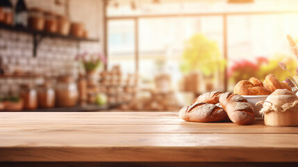 Fototapeta na wymiar Wooden counter top with bakery shop
