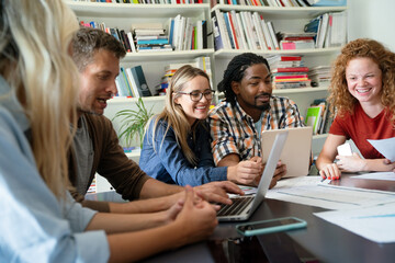 Business solutions, technology and strategy concept. Colleagues working and brainstorming in office