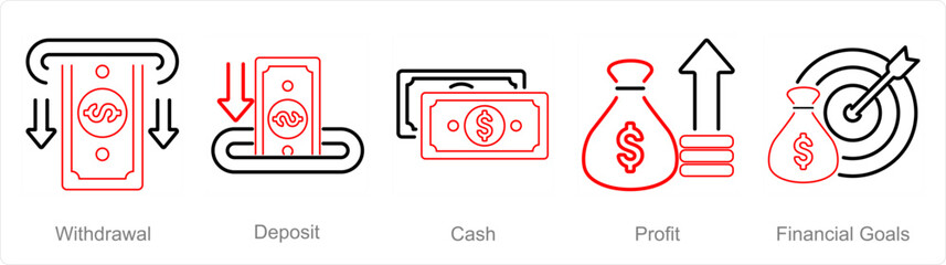 A set of 5 Finance icons as withdrawal, deposit, cash