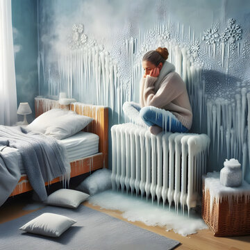Frozen radiator at home with a man trying to warm up, energy shortage concept