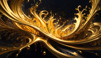 Gold paint splash with waves, drops and droplets