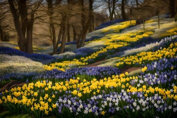 A hillside covered in a patchwork of daffodils, hyacinths, and crocuses, creating a vibrant display of spring colors under the clear sky.