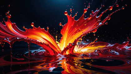 Vibrant red and yellow paint splash with waves and drops