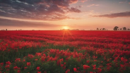 Summer Sunset Over Red Roses  Field,  Nature's Canvas Aglow.