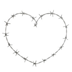 Witness the fusion of toughness and tenderness as barbed wire intertwines to create a heart shape in this 3D illustration, available in PNG format with a transparent background.
