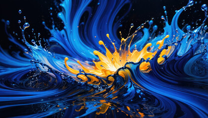 Blue and yellow paint splash with waves and droplets on a black background