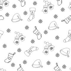 Hand-drawn winter clothing. Seamless pattern. Endless ornament. Vector illustration in doodle style. Merry Christmas and Happy New Year. Black elements on a white background.