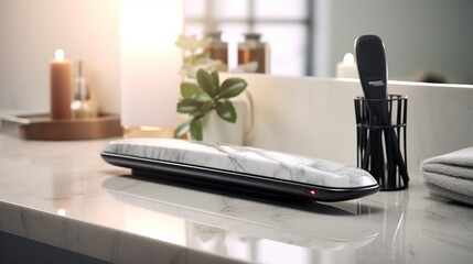 A pristine flat iron on a marble countertop, surrounded by hair care products.