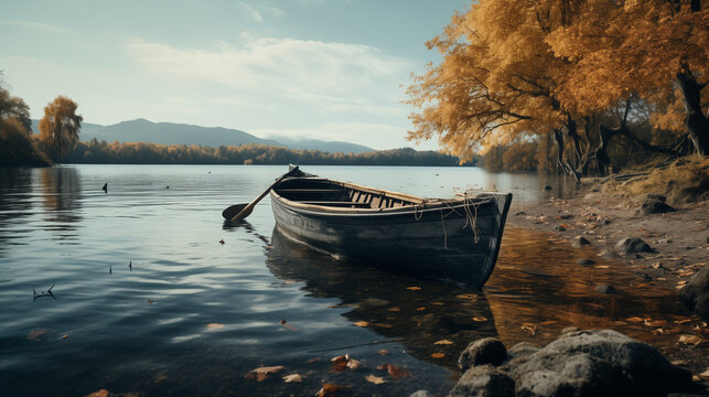 kleines fischerboot auslfugs ruderboot liegt im see