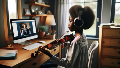 A young African girl takes a violin class online.