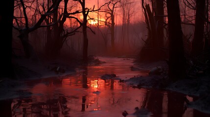 sunset over the river in the forest
