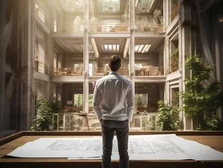 Foto op Plexiglas mann bauherr steht vor plan und einem innenausbau eines hauses architekt planung bauüberwachung © JPbodyparts