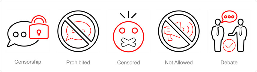 A set of 5 Freedom of Speech icons as censorship, prohibited, censored - obrazy, fototapety, plakaty