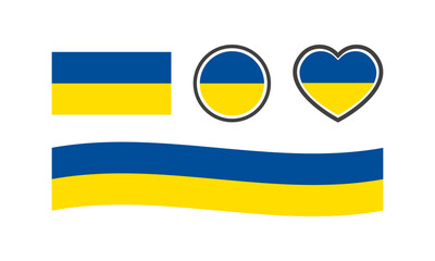 National flag of Ukraine. Flat, color, national flag of Ukraine in the shape of a square, circle, heart. Ukraine flag for design. Vector icons