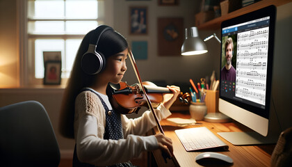 A young Asian girl takes a violin class online.