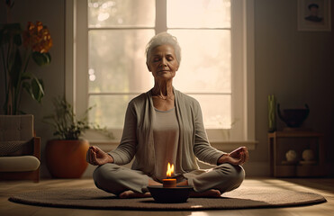 a middle aged woman meditating at home