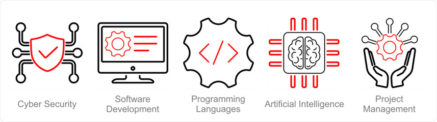 A set of 5 Hard Skills icons as cyber security, software development, programming languages